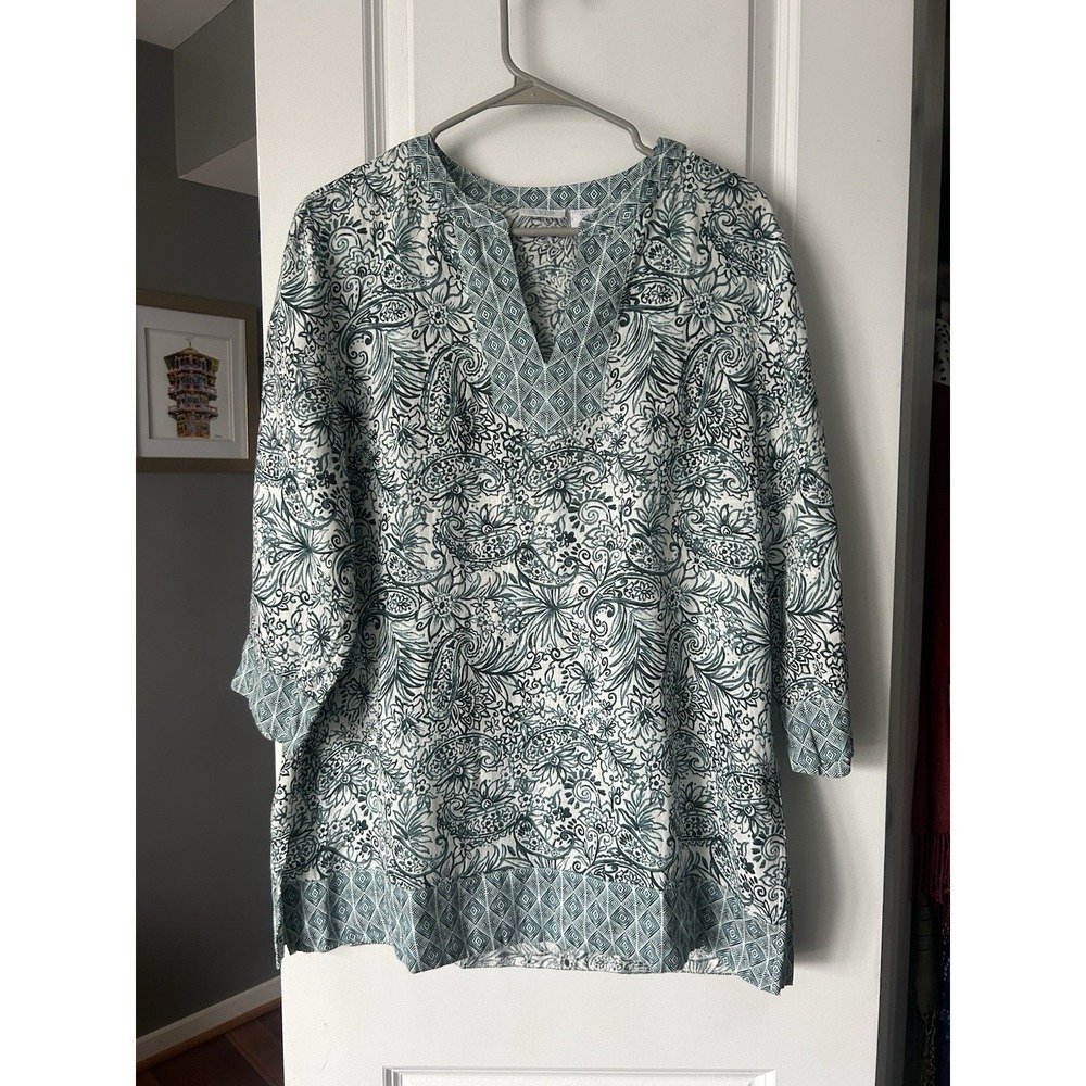 Sigrid Olsen Green White Popover 100% Linen Boho Top Tunic Size Large